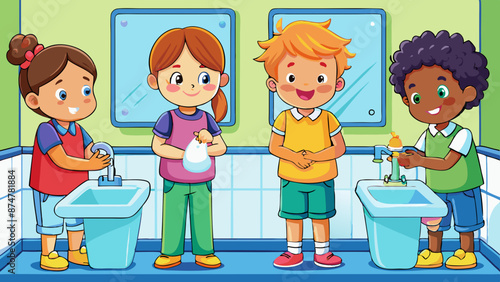 Diverse Group of Cartoon Children Practicing Hygiene by Washing Hands