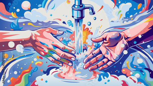 Colorful Hygiene: Washing Hands with Soap Under Running Water Illustration