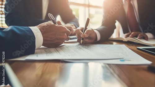 Business people negotiating a contract. Human hands working with documents at desk and signing contract. copy space for text. Image of focus hand.