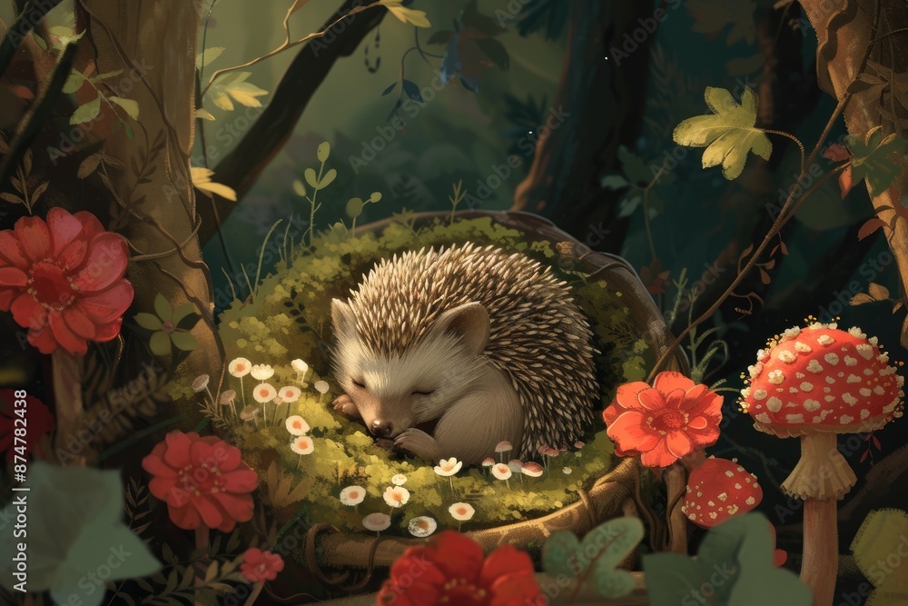 a hedge is sitting in the grass near mushrooms, tiny hedgehog curls up in a cozy den, surrounded by blooming mushrooms a hedge is sitting in the grass near mushrooms, tiny hedgehog curls up in a cozy den, surrounded by blooming mushrooms