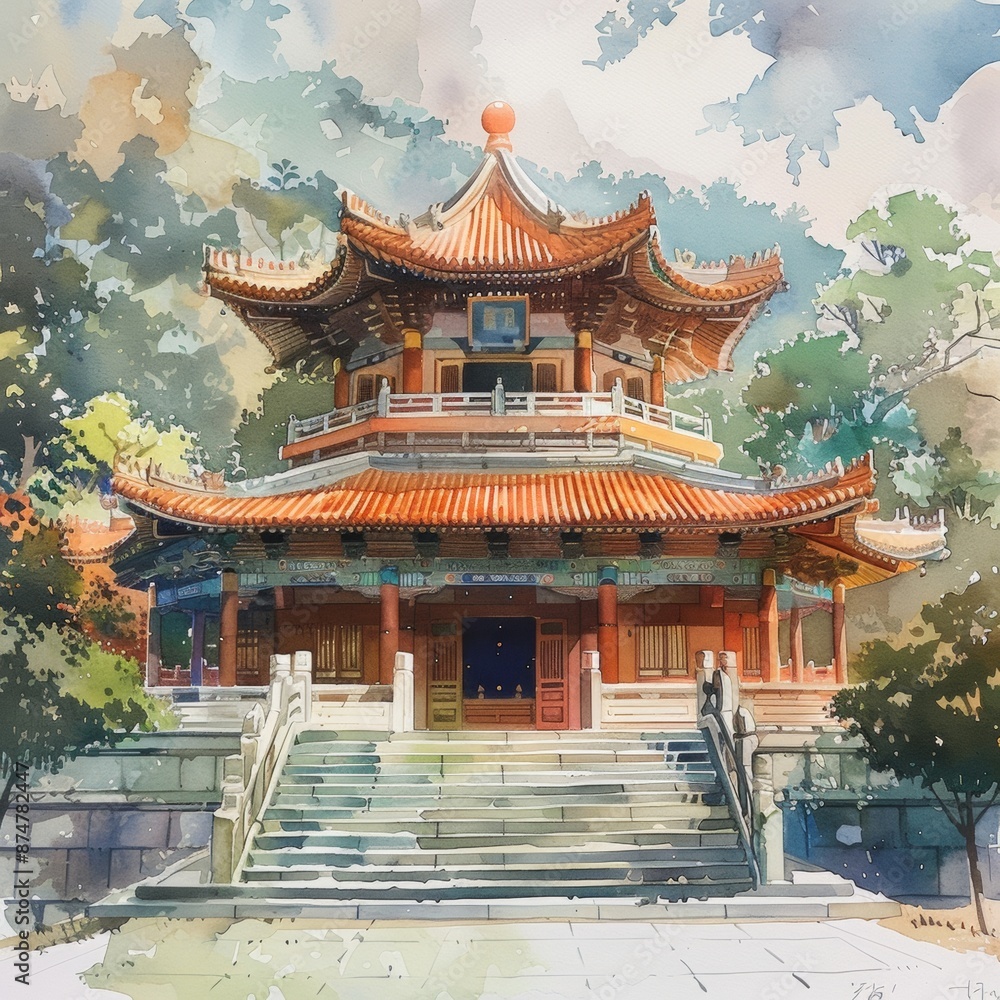 Obraz premium Serene Watercolor Temple Meditation Hall with Peaceful Soft Colors