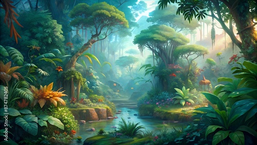 Lush and vibrant jungle landscape with a river flowing through the center © arri