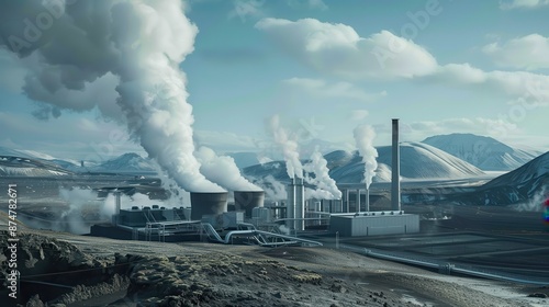 Wallpaper Mural An expansive geothermal power station with steam rising from vents, utilizing the Earth's natural heat to produce electricity, set against a rugged volcanic landscape Torontodigital.ca