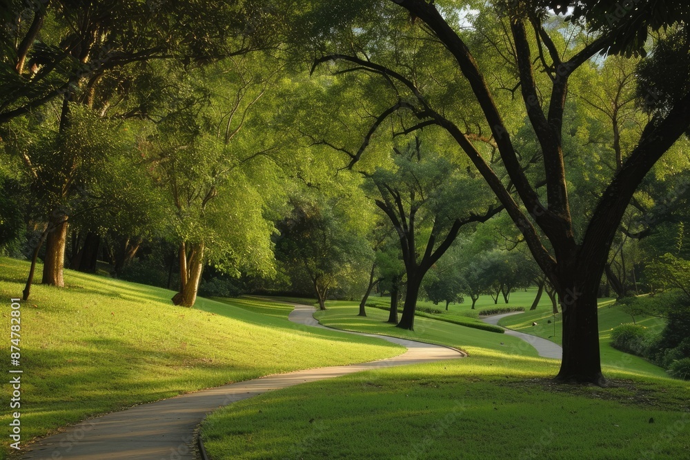 , tranquil park with a winding walking path , tranquil park with a winding walking path