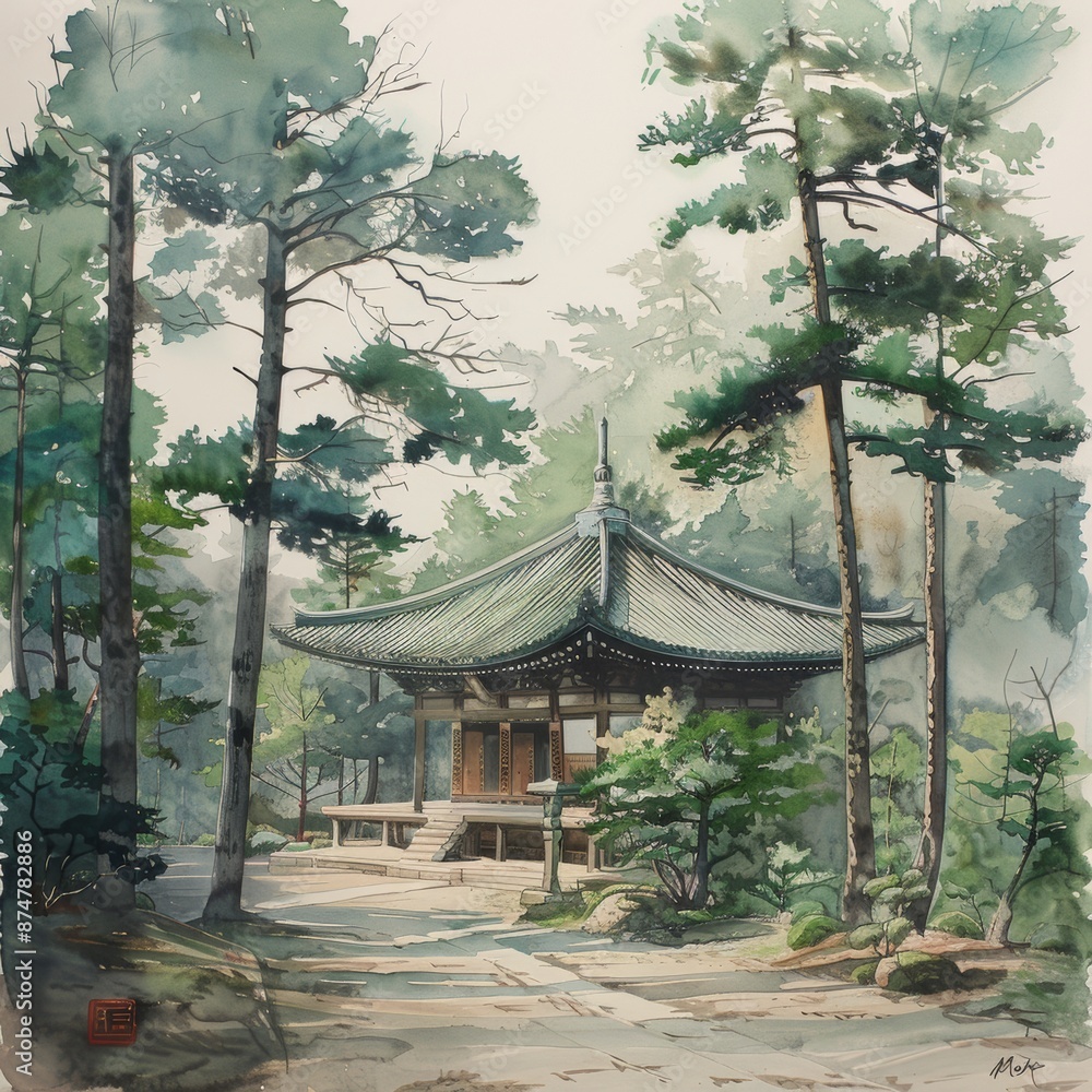 Tranquil Temple in Pine Forest: Serene Asian Architecture with Green Hues and Ink Wash Aesthetic Tranquil Temple in Pine Forest: Serene Asian Architecture with Green Hues and Ink Wash Aesthetic