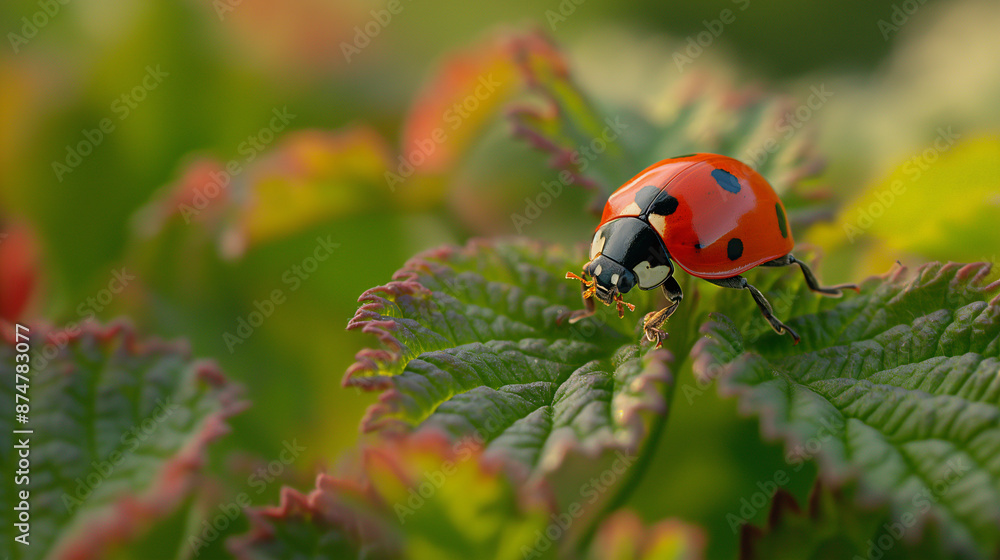 Close-Up of a Vibrant Ladybug on a Green Leaf in Natural Outdoor Setting Close-Up of a Vibrant Ladybug on a Green Leaf in Natural Outdoor Setting