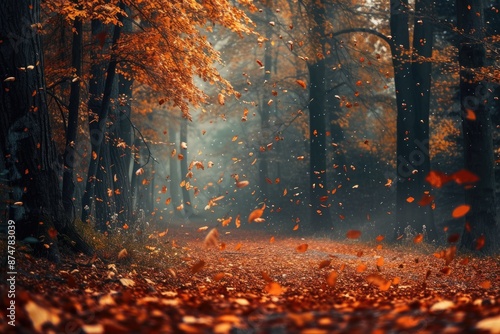 Fototapeta Naklejka Na Ścianę i Meble -  a fall scene with leaves falling, vibrant autumn forest with falling leaves