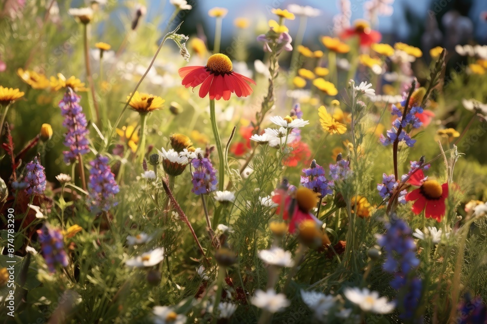 a field of flowers with a bee in the middle, whimsical wildflower meadow painted in watercolor on white a field of flowers with a bee in the middle, whimsical wildflower meadow painted in watercolor on white