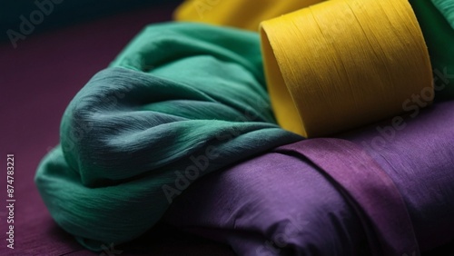 Vibrant Textile Folds with Yellow Thread Spool for Fashion and Design Projects