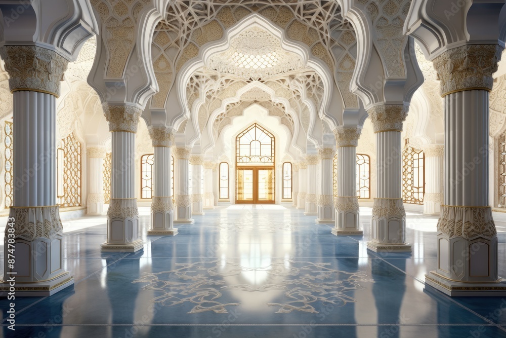 a large room with a chandelier and a lot of pillars, Serene mosque interior a large room with a chandelier and a lot of pillars, Serene mosque interior