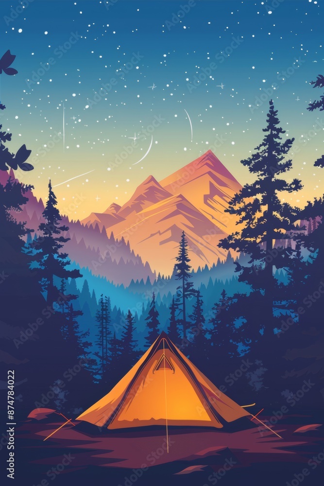 Illustration of a tent in front of an outdoor forest and mountain landscape, with a starry night sky, Illustration of a tent in front of an outdoor forest and mountain landscape, with a starry night sky,