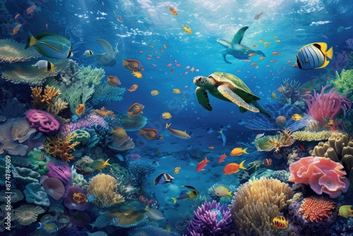 Fototapeta Naklejka Na Ścianę i Meble -  a painting of a turtle swimming in the ocean, Underwater scene with fish, coral reefs, and turtles