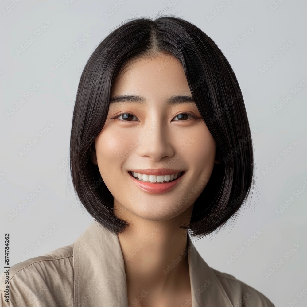 Fototapeta premium Korean woman with sleek straight bob hairstyle, wearing a fashionable outfit, smiling confidently, Portrait half-body, hyper-realistic, high detail, photorealistic, white background, studio lighting,