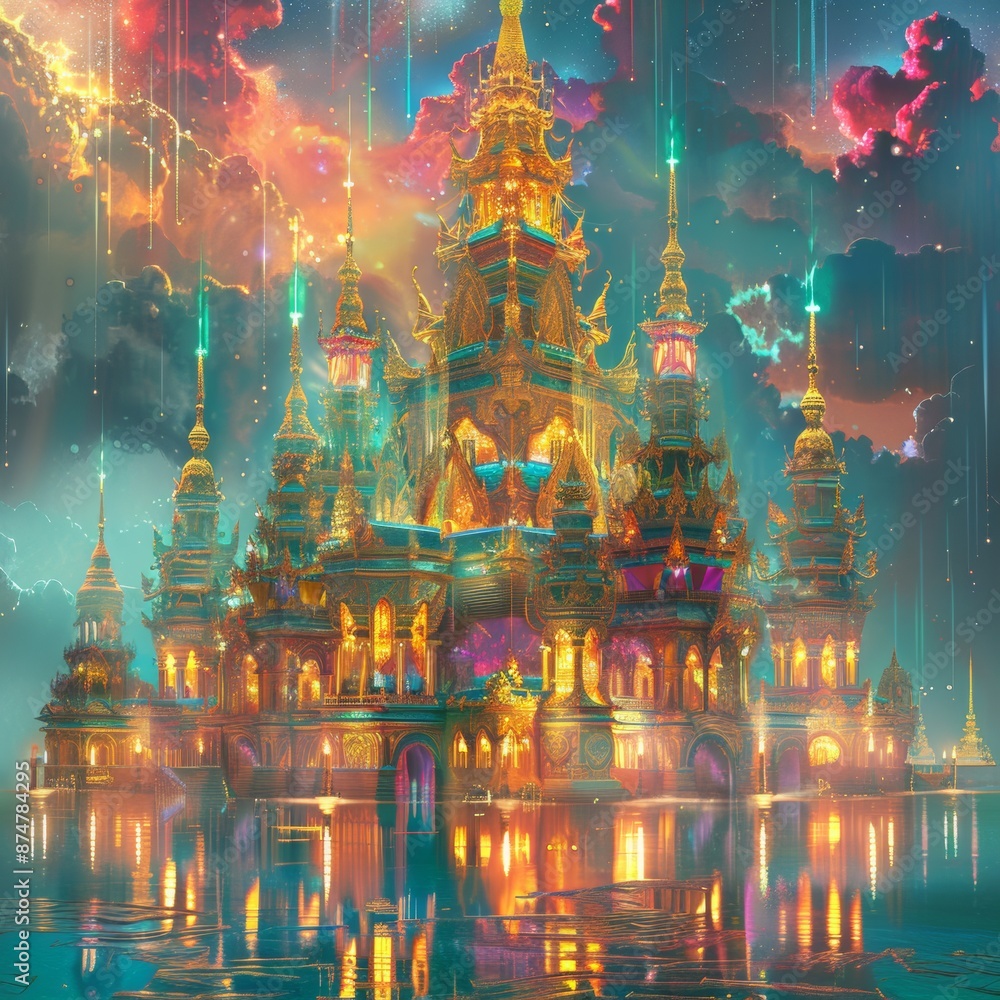 Majestic Temple with Golden Spires - Digital Art of Traditional Architecture with Vibrant Colors Majestic Temple with Golden Spires - Digital Art of Traditional Architecture with Vibrant Colors