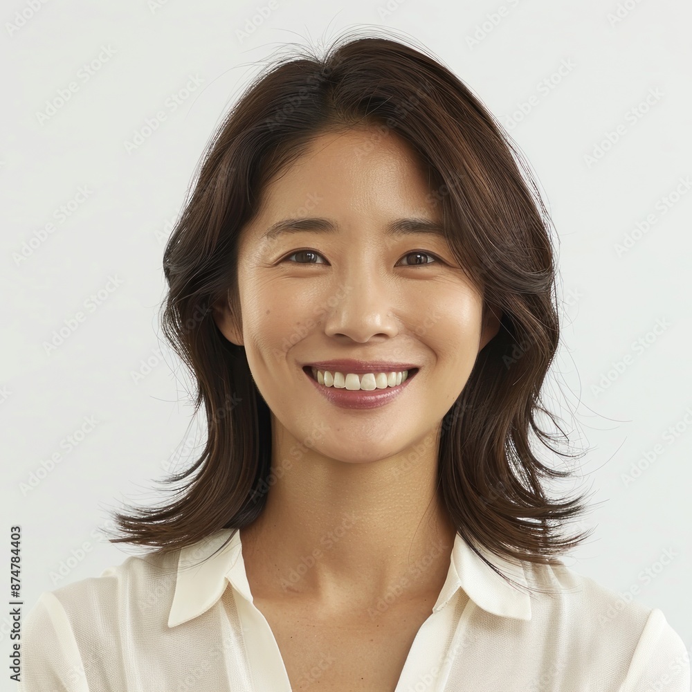 Korean woman with layered shoulder-length hair, wearing a casual blouse, smiling warmly, Portrait half-body, hyper-realistic, high detail, photorealistic, white background, studio lighting, Key Korean woman with layered shoulder-length hair, wearing a casual blouse, smiling warmly, Portrait half-body, hyper-realistic, high detail, photorealistic, white background, studio lighting, Key