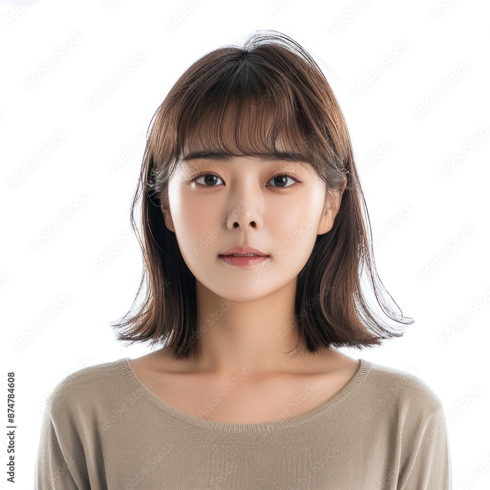 Korean woman with blunt cut bangs, wearing a casual top, looking cute and stylish, Portrait half-body, hyper-realistic, high detail, photorealistic, white background, studio lighting, Key Light, Fill Korean woman with blunt cut bangs, wearing a casual top, looking cute and stylish, Portrait half-body, hyper-realistic, high detail, photorealistic, white background, studio lighting, Key Light, Fill