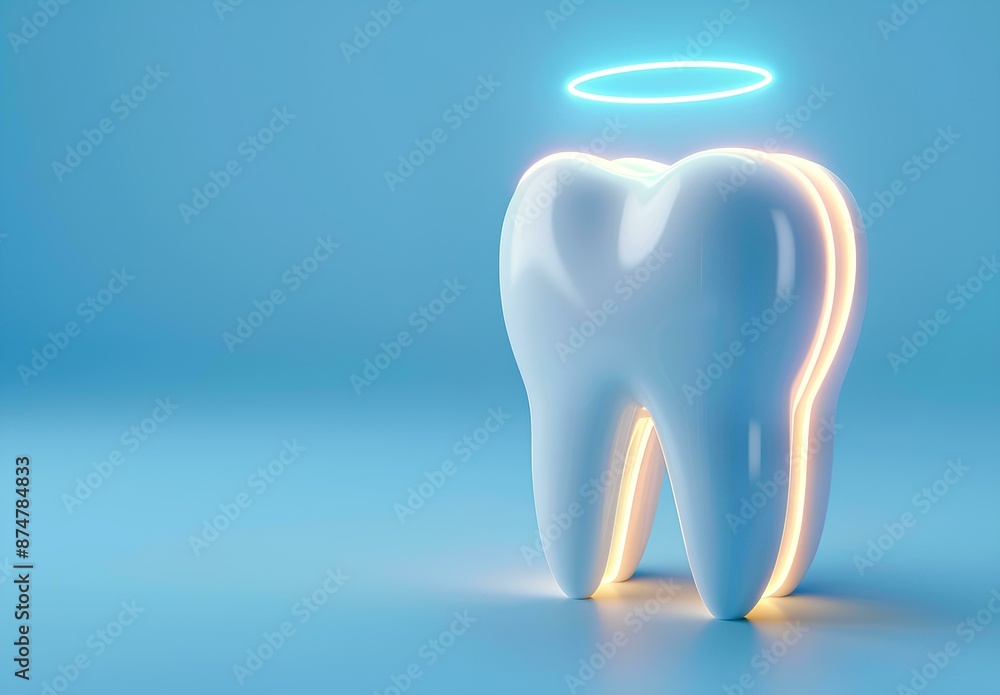 white tooth icon with glowing halo on blue background, concept of healthy teeth and dental treatment isolated mock up for ad poster design white tooth icon with glowing halo on blue background, concept of healthy teeth and dental treatment isolated mock up for ad poster design