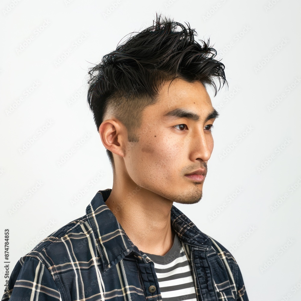Obraz premium Japanese man with disconnected undercut, wearing a casual outfit, looking modern, Portrait half-body, hyper-realistic, high detail, photorealistic, white background, studio lighting, Key Light, Fill