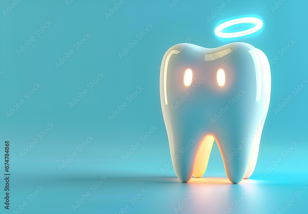 white tooth icon with glowing halo on blue background, concept of healthy teeth and dental treatment isolated mock up for ad poster design white tooth icon with glowing halo on blue background, concept of healthy teeth and dental treatment isolated mock up for ad poster design