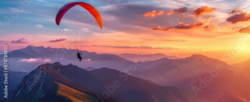 Beautiful paragliding over the mountains at sunset, parapent flying in alps with colorful sky and clouds, adventure sport concept banner background