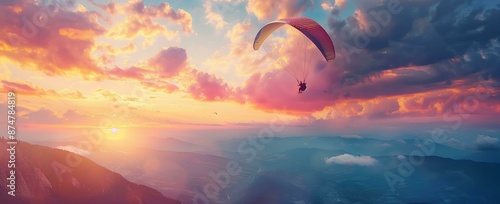 Beautiful paragliding over the mountains at sunset, parapent flying in alps with colorful sky and clouds, adventure sport concept banner background