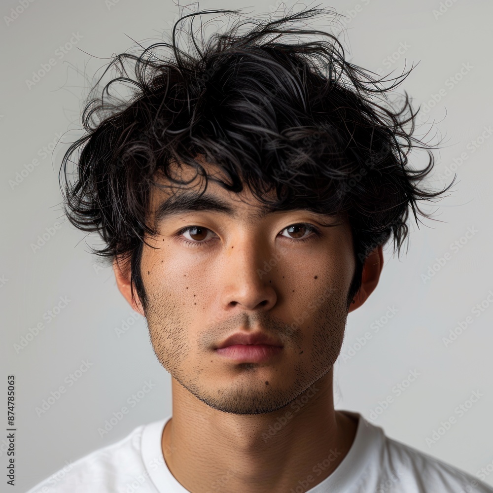 Japanese man with messy textured hair, wearing a casual t-shirt, looking relaxed, Portrait half-body, hyper-realistic, high detail, photorealistic, white background, studio lighting, Key Light, Fill Japanese man with messy textured hair, wearing a casual t-shirt, looking relaxed, Portrait half-body, hyper-realistic, high detail, photorealistic, white background, studio lighting, Key Light, Fill