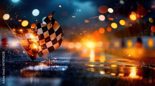 Racing Victory, Checkered flag in fiery spark shower, Celebration energy