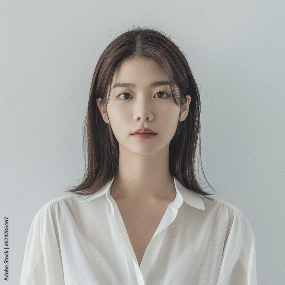 Korean woman with straight blunt cut, wearing a casual blouse, looking stylish, Portrait half-body, hyper-realistic, high detail, photorealistic, white background, studio lighting, Key Light, Fill Korean woman with straight blunt cut, wearing a casual blouse, looking stylish, Portrait half-body, hyper-realistic, high detail, photorealistic, white background, studio lighting, Key Light, Fill
