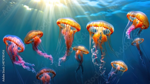 Jellyfish, Vibrant jellyfish underwater, Ocean life beauty. © PUTTER-ART