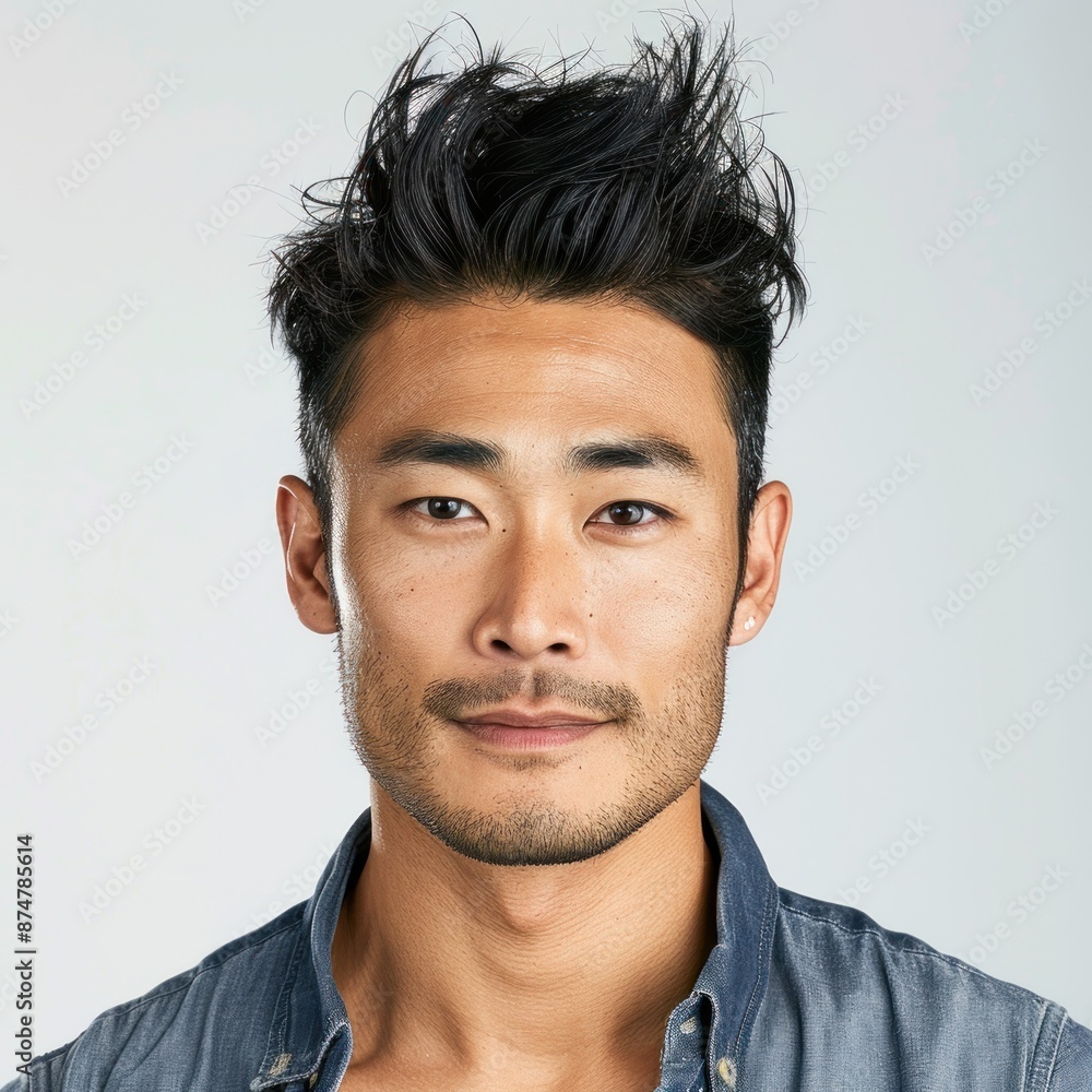 Obraz premium Japanese man with a modern quiff, wearing a casual shirt, looking trendy, Portrait half-body, hyper-realistic, high detail, photorealistic, white background, studio lighting, Key Light, Fill Light,