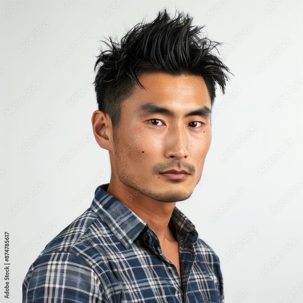 Obraz premium Japanese man with a modern quiff, wearing a casual shirt, looking trendy, Portrait half-body, hyper-realistic, high detail, photorealistic, white background, studio lighting, Key Light, Fill Light,