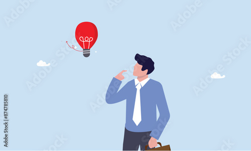 Confused businessman looking at devil lightbulb doubting it bad idea, bad idea cause problem and failure, stupid mistake or poor idea, disappointment from rejected, evil and negative opinion concept.