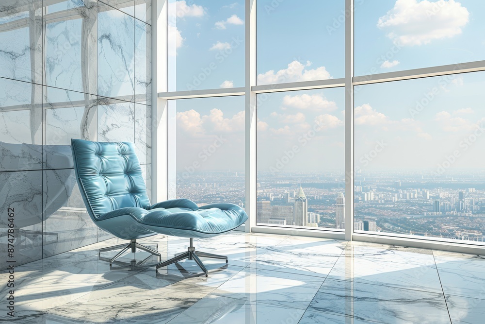 Bright and modern office lounge with a comfortable blue chair and ...