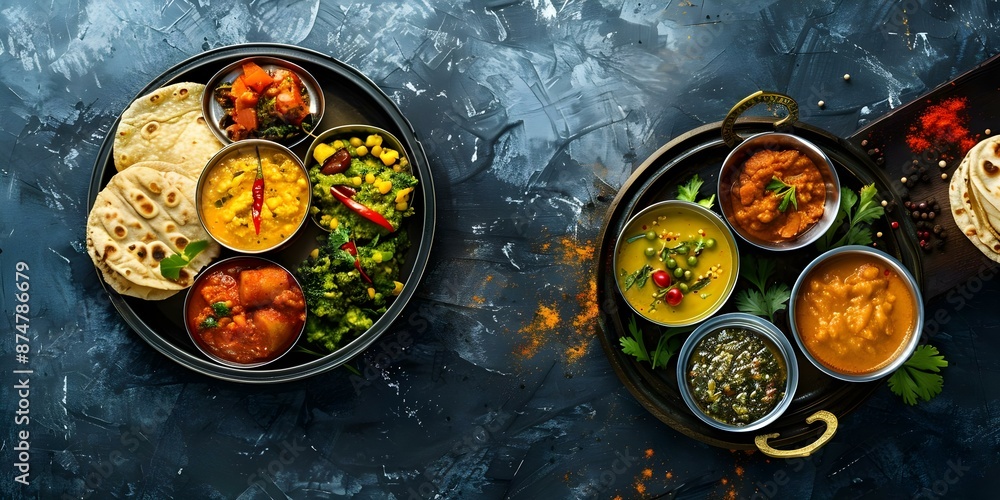 A Vibrant Indian Thali Featuring a Variety of Curries, Dals, Chapatis, and Pickles. Concept Indian Cuisine, Vibrant Colors, Food Photography, Cultural Diversity A Vibrant Indian Thali Featuring a Variety of Curries, Dals, Chapatis, and Pickles. Concept Indian Cuisine, Vibrant Colors, Food Photography, Cultural Diversity