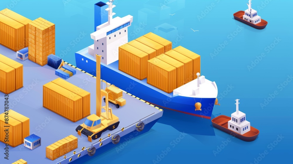 Dock system with various activities, illustrating the coordination and management of cargo, bustling port scene with organized operations Dock system with various activities, illustrating the coordination and management of cargo, bustling port scene with organized operations