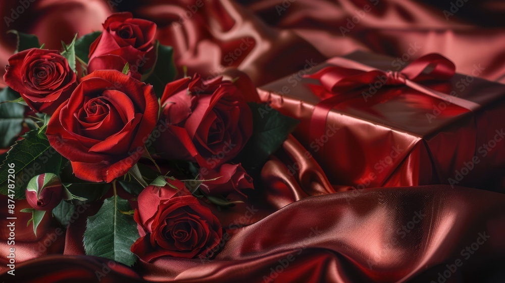 Naklejka premium Romantic Red Roses and Gift Box