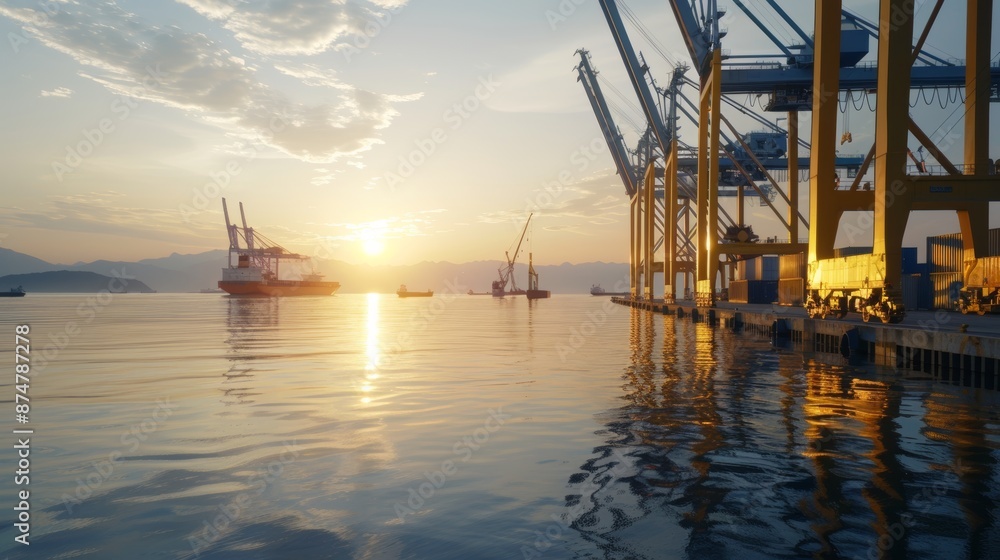 Dynamic seaport scene, transfer and dispersion of freight, advanced logistics infrastructure, cranes and ships in a bustling trade environment Dynamic seaport scene, transfer and dispersion of freight, advanced logistics infrastructure, cranes and ships in a bustling trade environment