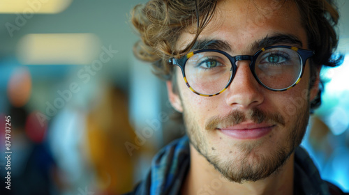 Close-up portrait of a young man with glasses, smiling confidently, with a blurred background, showcasing personality and eyewear.