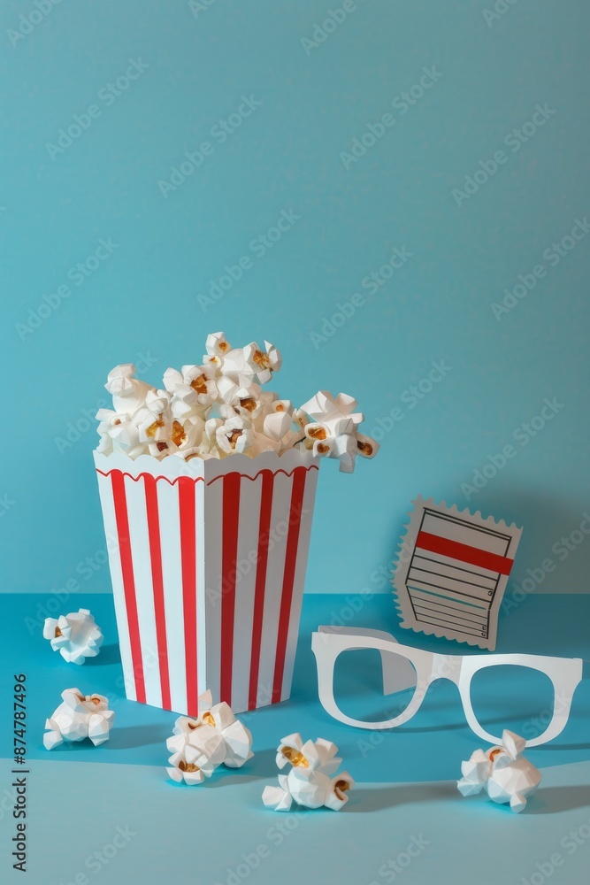 Popcorn bucket with glasses on blue background Popcorn bucket with glasses on blue background