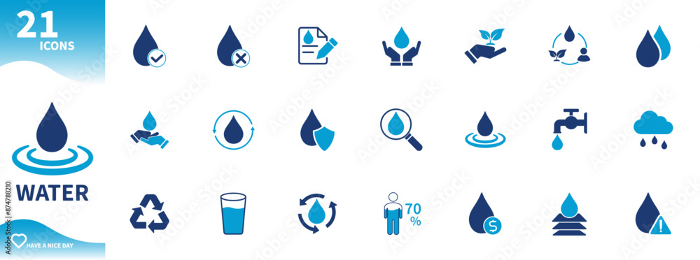 Water icon. Set of icons for water drops, water sources, recycling, protection, water filtration, water source assessment,...