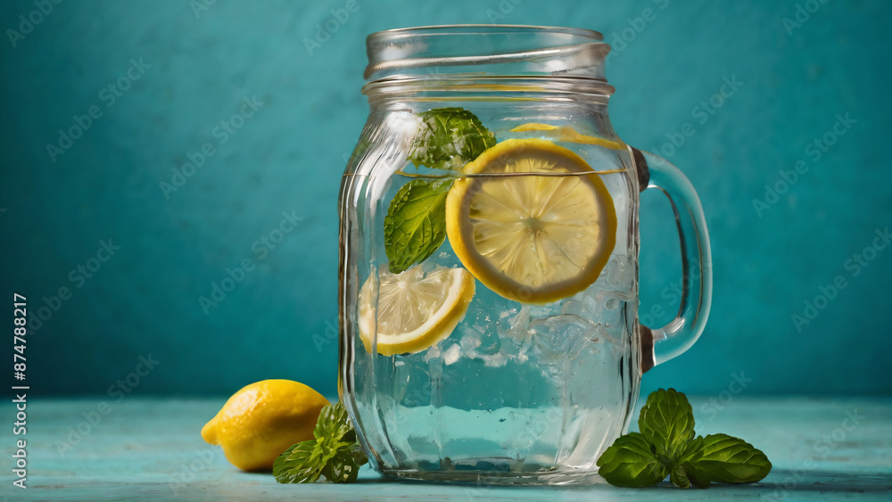 drink of soda water lemon and mint leaves in jar drink of soda water lemon and mint leaves in jar