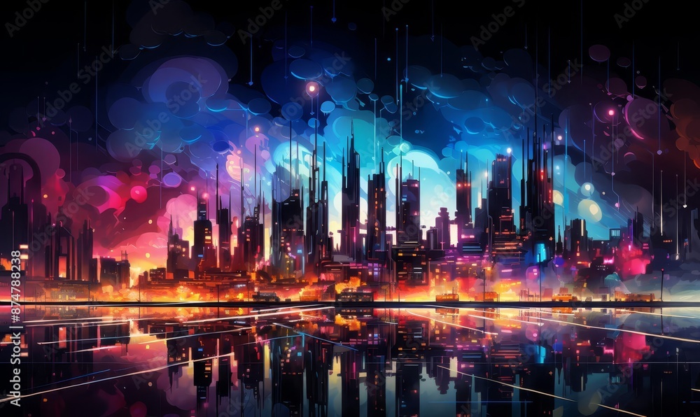 Obraz premium A vibrant abstract illustration with neon lines and shapes pulsing against a dark backdrop, like a city at night