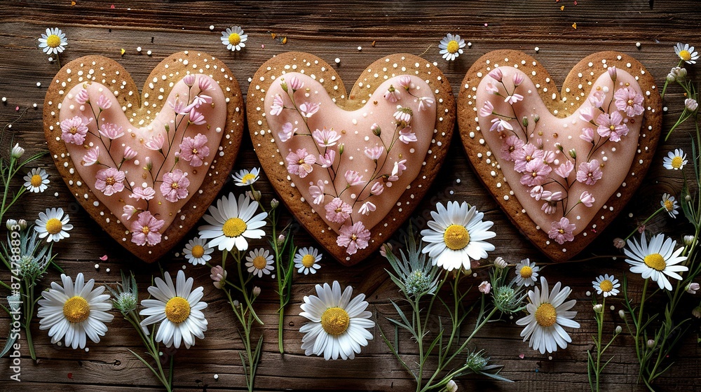 A pair of heart-shaped cookies rest atop a wooden table amidst daisies and wildflowers A pair of heart-shaped cookies rest atop a wooden table amidst daisies and wildflowers