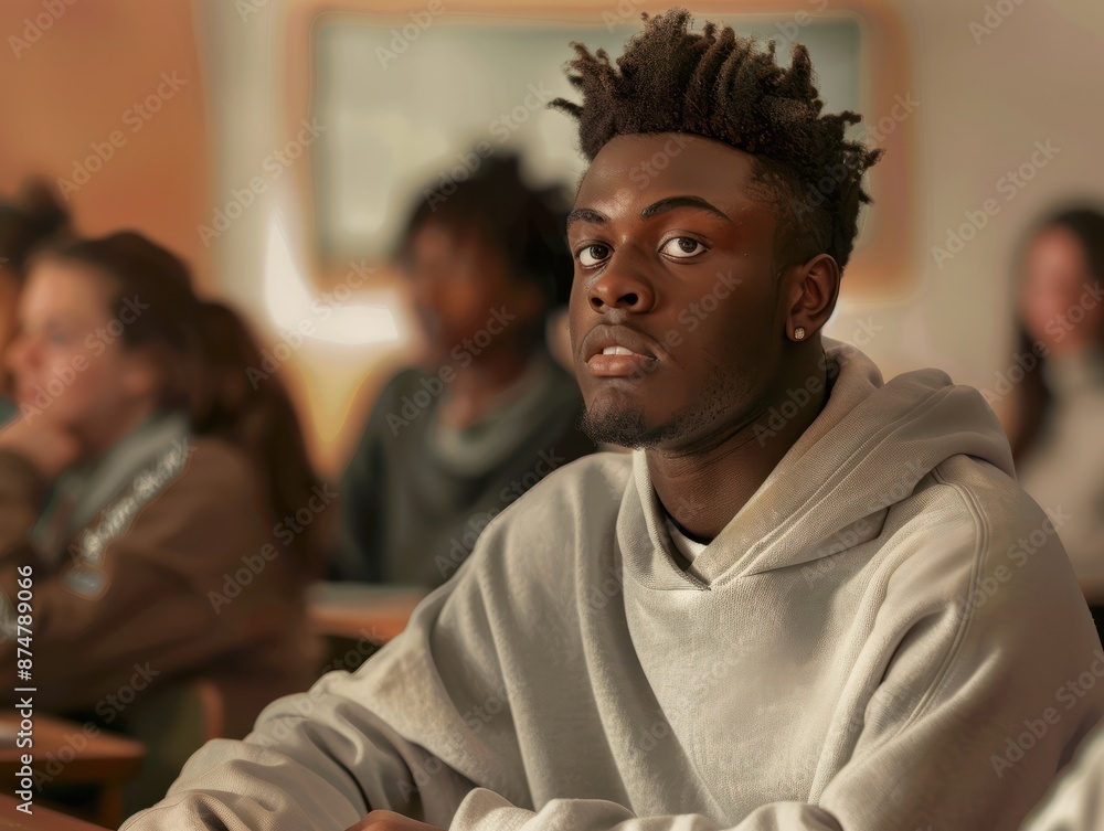 Obraz premium A Black student joins peers in college lecture. Concept Education, Diversity, Higher Learning, Student Life