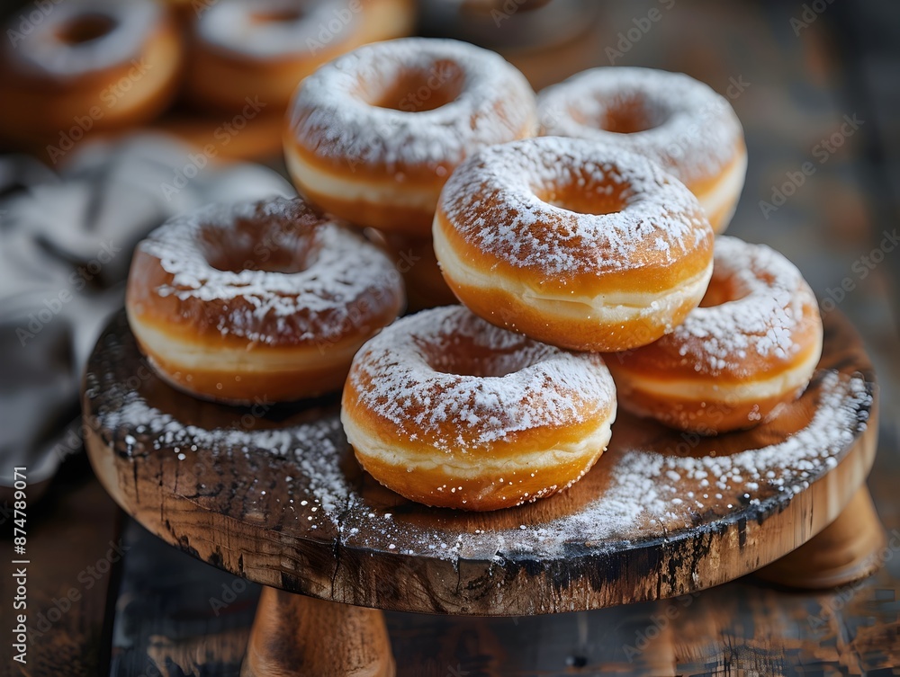 Soft Fluffy Doughnuts Covered in Powdered Sugar on Wooden Board Soft Fluffy Doughnuts Covered in Powdered Sugar on Wooden Board