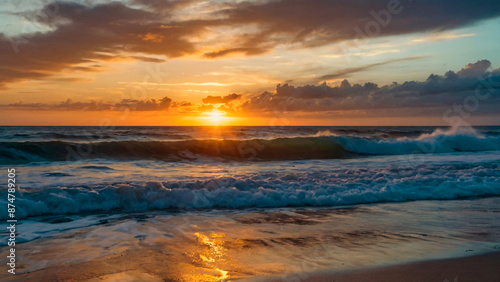 a serene beach at sunset, with palm trees silhouetted against a clear sky. Gentle waves wash over the shore, creating a serene and beautiful scene.