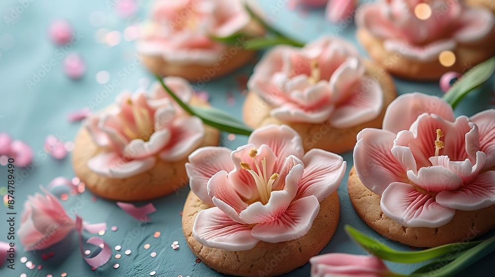 A blue table topped with cookies covered in frosting and pink flowers, decorated with confetti A blue table topped with cookies covered in frosting and pink flowers, decorated with confetti