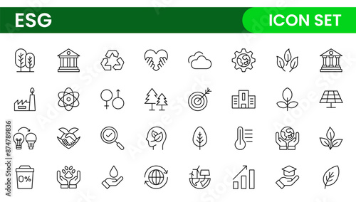 ESG flat line icon set. Outline icon collection related to ecology, environment social governance, risk management, sustainable developmen and more.