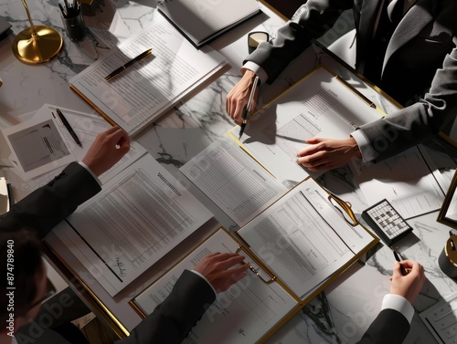 A people working at a desk with documents and pens. The scene should include a business setting with professional attire, focusing on hands and documents. Generative AI. photo