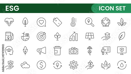 ESG flat line icon set. Outline icon collection related to ecology, environment social governance, risk management, sustainable developmen and more.
